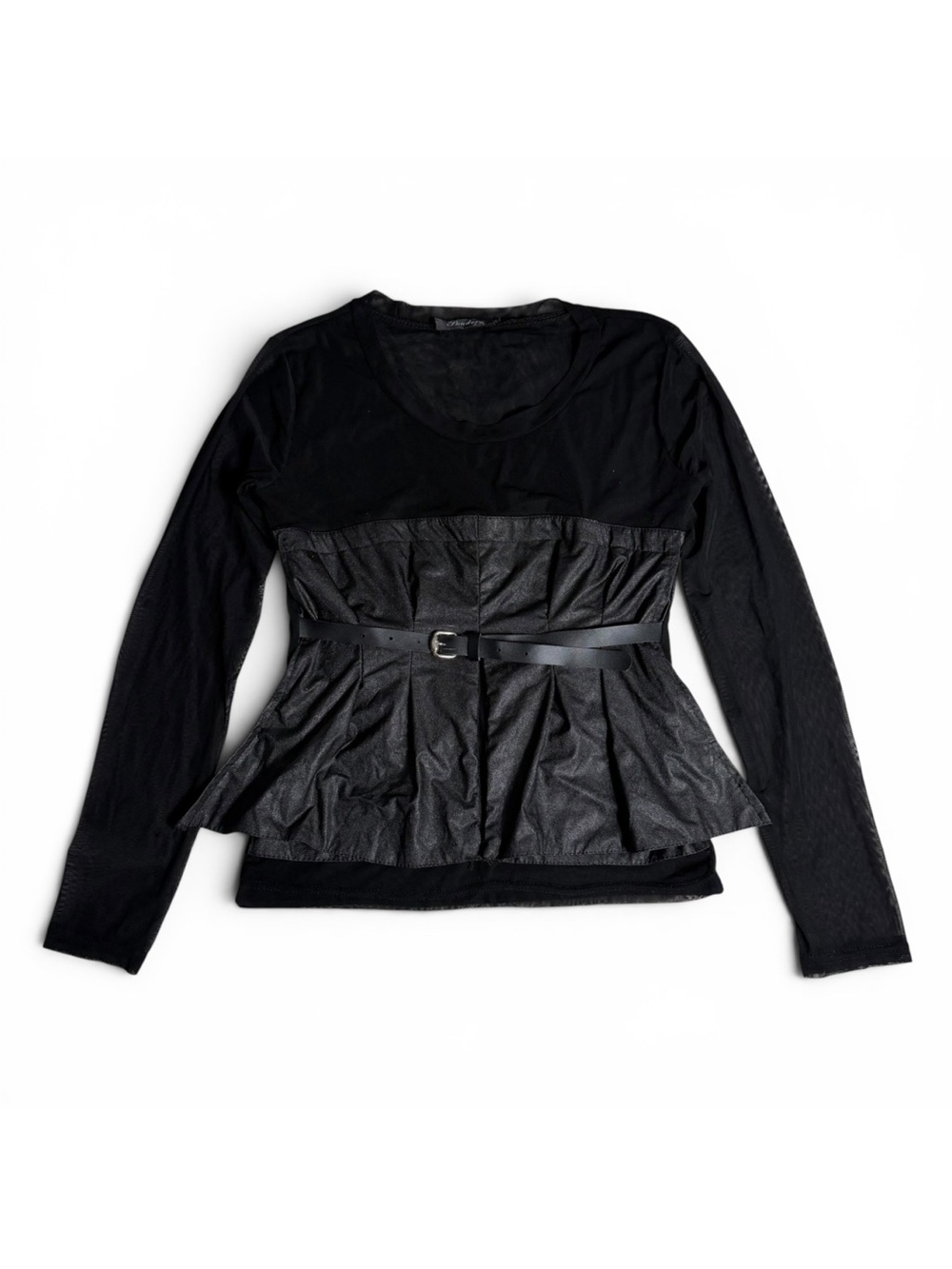 Pandora Chinese Fashion Black Sheer Mesh & Faux Leather Long Sleeve Peplum Top